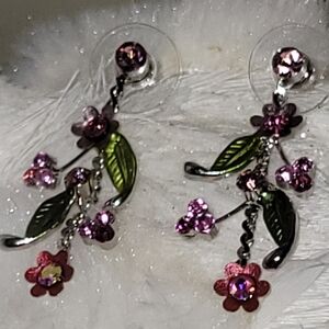 Chic Floral Crystal Earrings with Pink and Green Accents